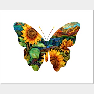 Sunflower Stained Glass Butterfly Posters and Art